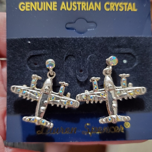 Airplane earrings Austrian crystal Swarovski silver NEW Pilot gift aviator - Picture 1 of 9